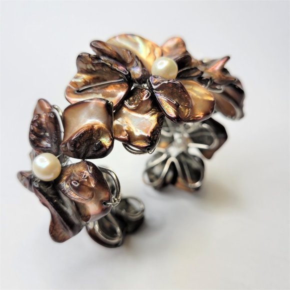 Dark Brown Cuff Bracelet with Pearls and Dyed Mother Of Pearl Shell Bangle -NEW - Picture 3 of 15